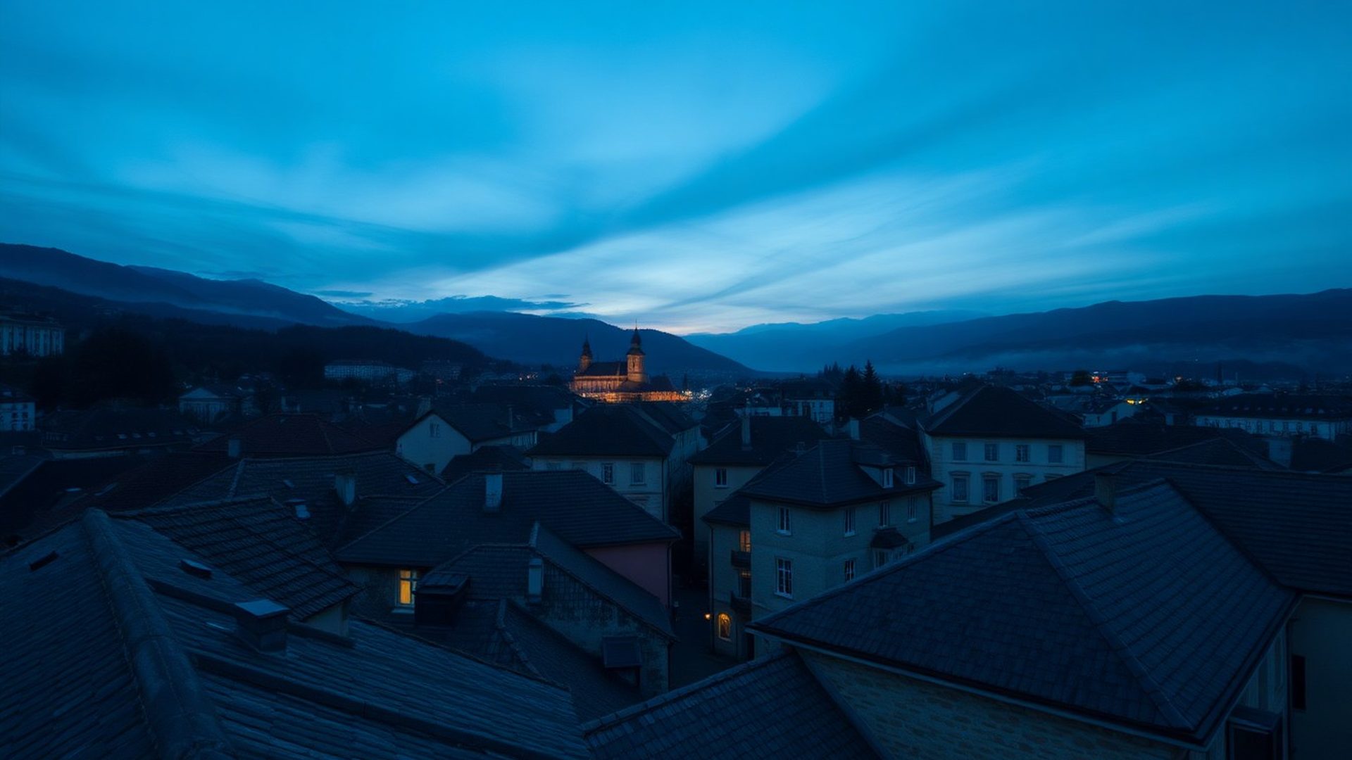Panoramski pogled na strehe starega mestnega jedra Maribora v modrikasti večerni svetlobi